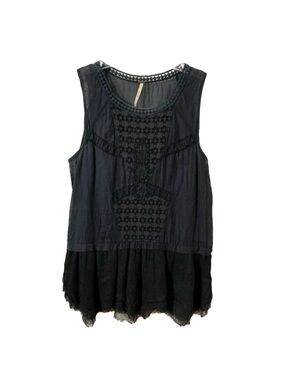 Free People Sleeveless Eyelet Lace Rounded Neckline Blouse Gauzy Ruffle Raw Hem